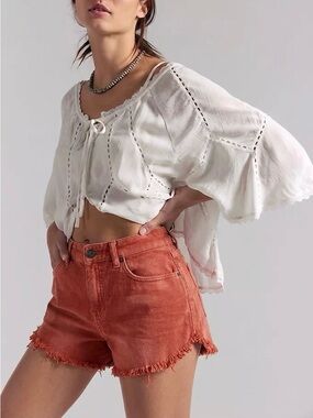 Free People Burnt Orange Denim Shorts  Faded Denim Raw Hem Sz27